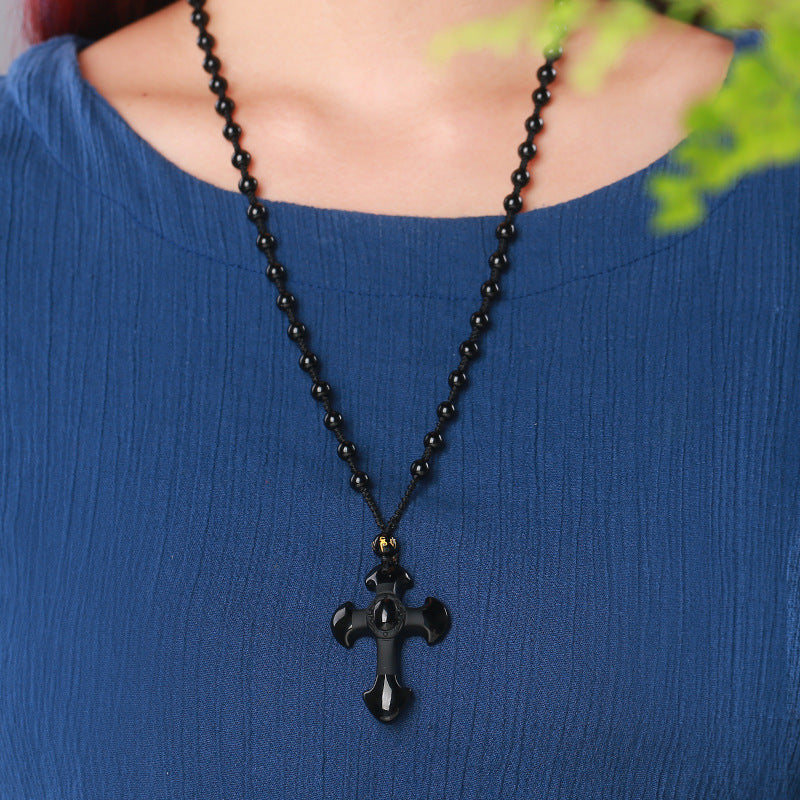 Black Obsidian Cross Pendant Necklace