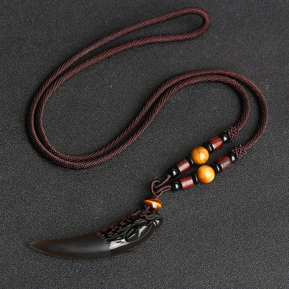 Obsidian Wolf Tooth Pendant Necklace