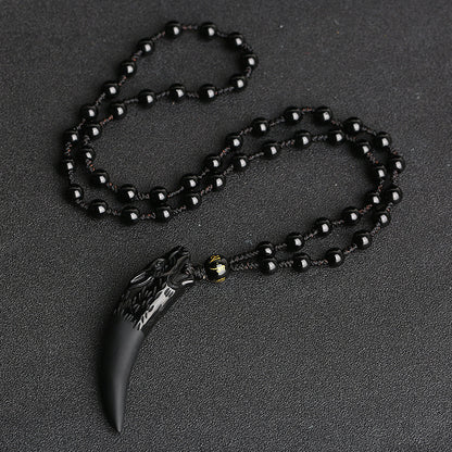 Obsidian Wolf Tooth Pendant Necklace