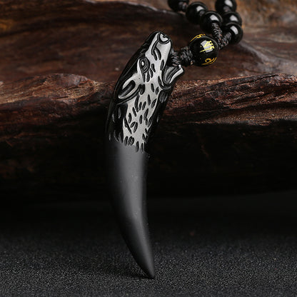 Obsidian Wolf Tooth Pendant Necklace