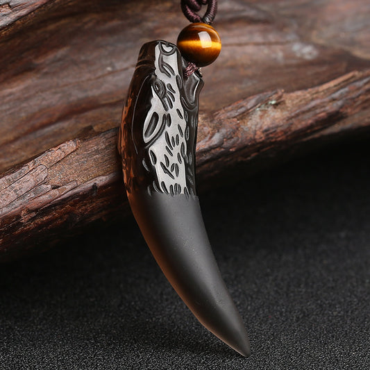 Obsidian Wolf Tooth Pendant Necklace