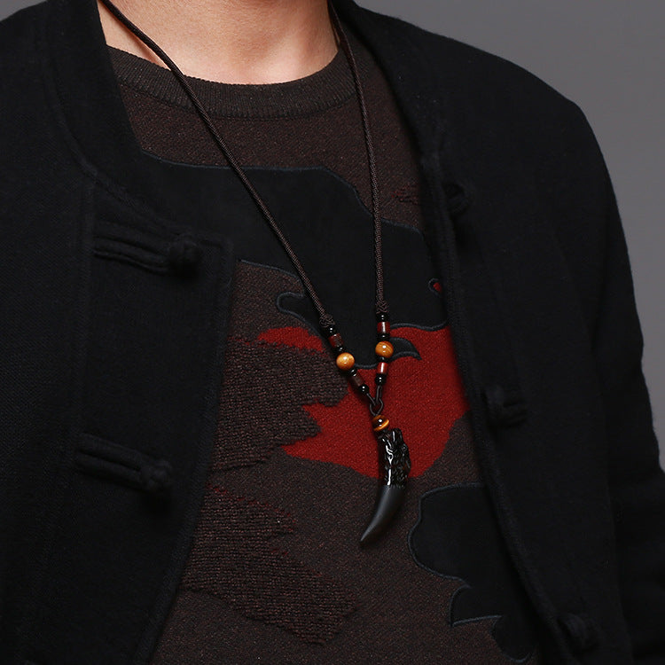 Obsidian Wolf Tooth Pendant Necklace