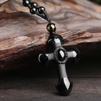 Black Obsidian Cross Pendant Necklace