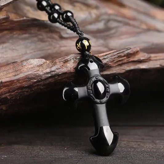 Black Obsidian Cross Pendant Necklace